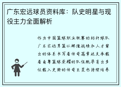 广东宏远球员资料库：队史明星与现役主力全面解析