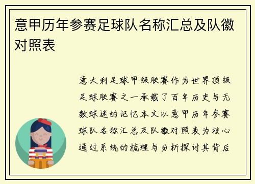 意甲历年参赛足球队名称汇总及队徽对照表